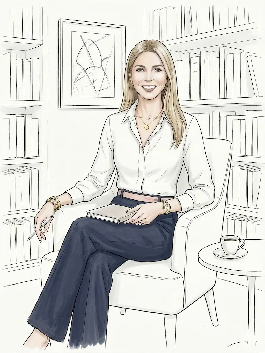 Illustrated portrait of B.B., founder of The GentleWomen Club, reading in an armchair - The GentleWomen Club