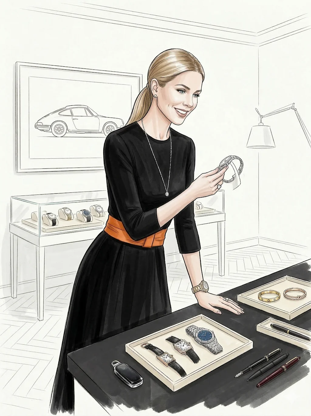 GWC ink and watercolor illustration of B.B. examining a fine timepiece at a watch counter — the territory of luxury codes and watchmaking