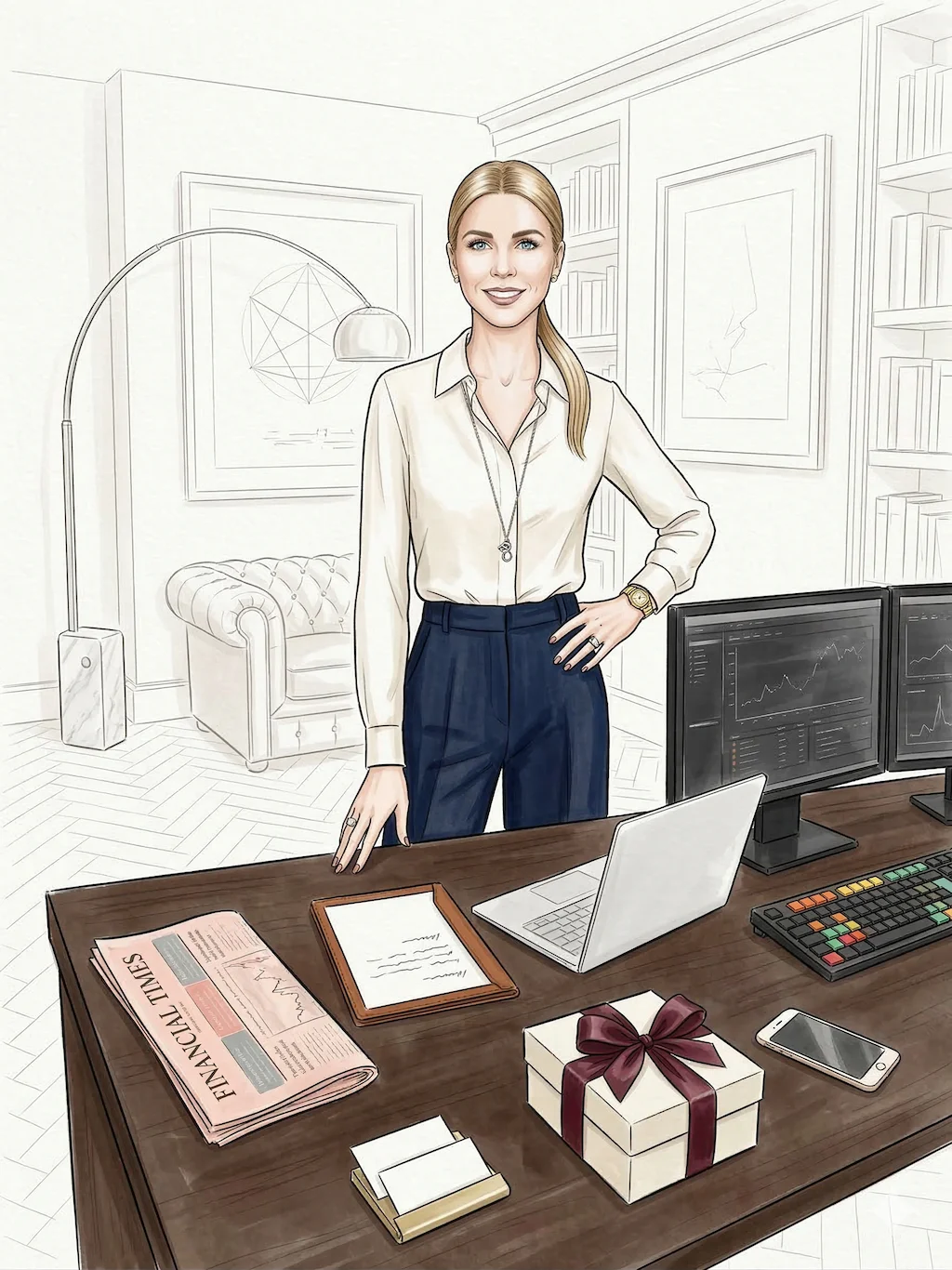 Illustrated woman at a desk with a laptop, documents and gift boxes - The Room territory at The GentleWomen Club