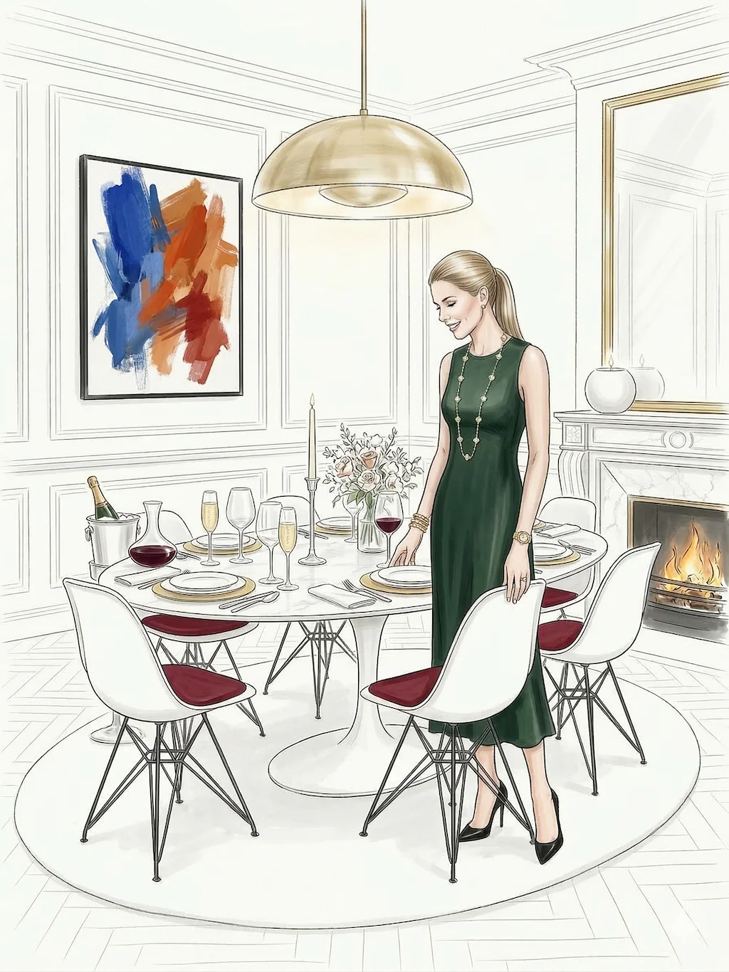 GWC ink and watercolor illustration of B.B. at an elegantly set dining table for six with wine, champagne and candlelight — the territory of gastronomy and dining codes