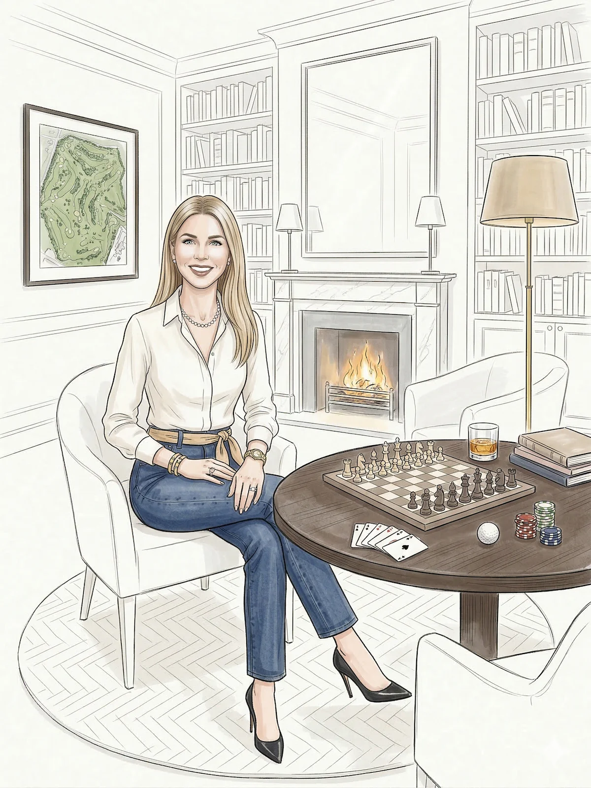 GWC illustration of a woman in an ivory blouse and black trousers seated at a round game table with a chess set, playing cards, a whisky glass and books, beside a marble fireplace and floor-to-ceiling bookshelves.