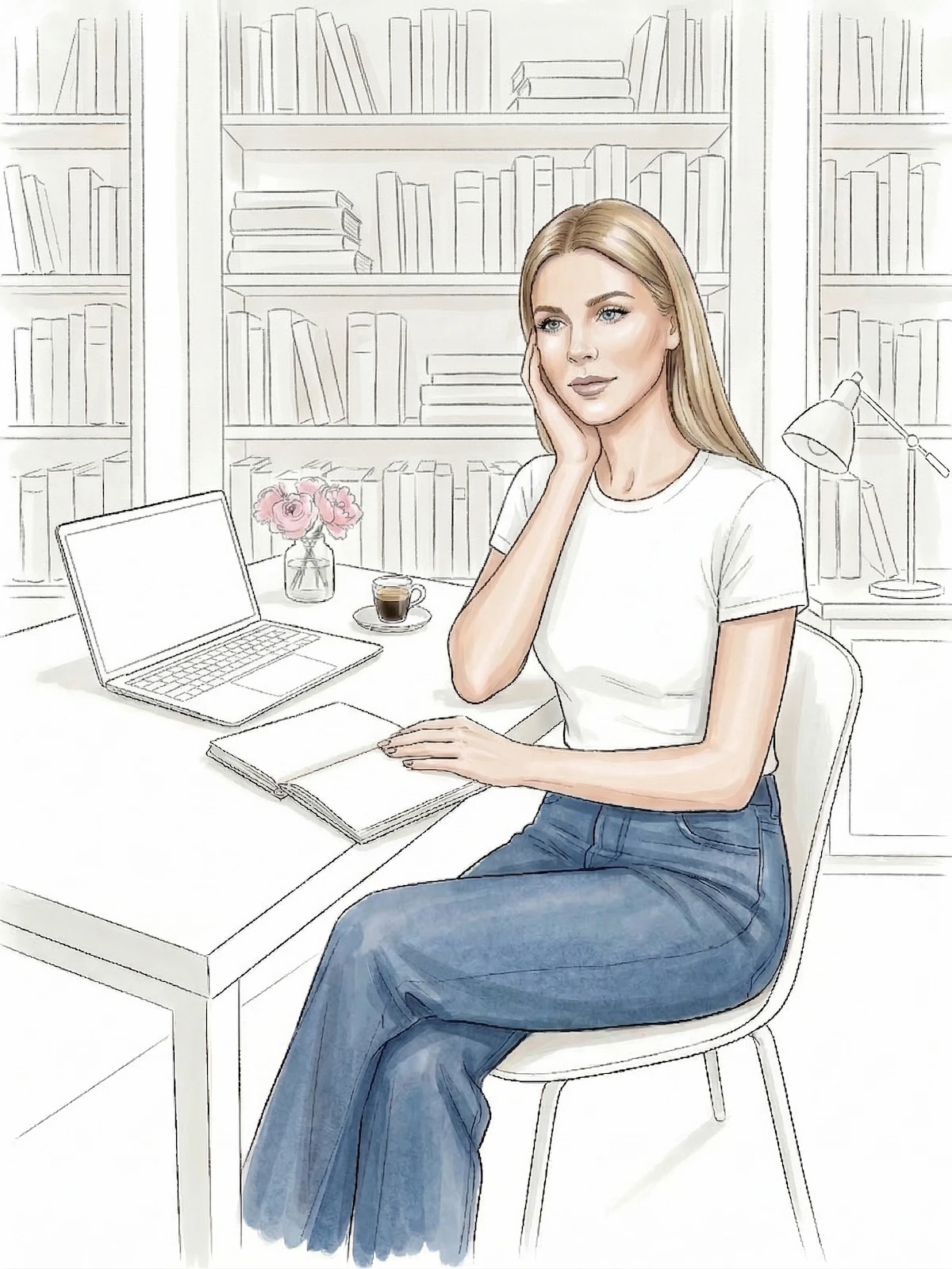 Illustrated portrait of B.B., founder of The GentleWomen Club, thinking at her desk - The GentleWomen Club