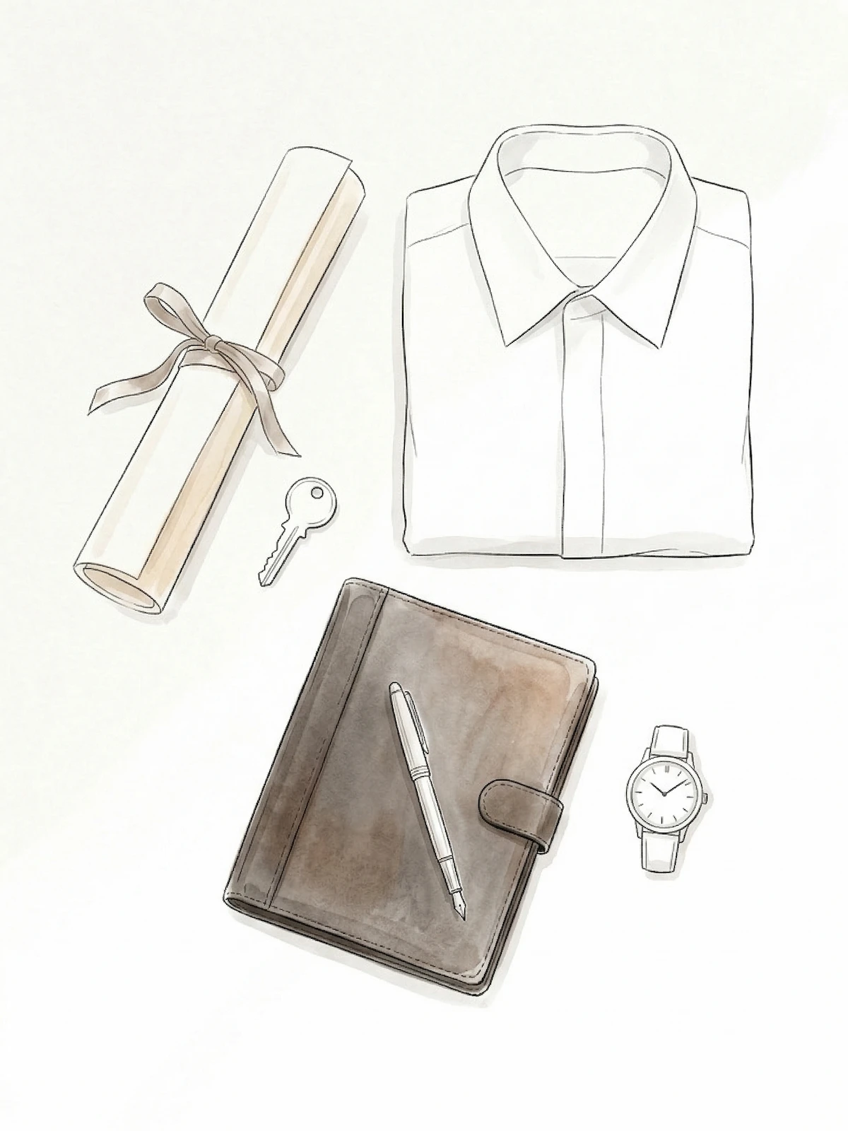 Flat lay illustration: diploma, white shirt, leather agenda, fountain pen, watch and key — The Brief by The GentleWomen Club