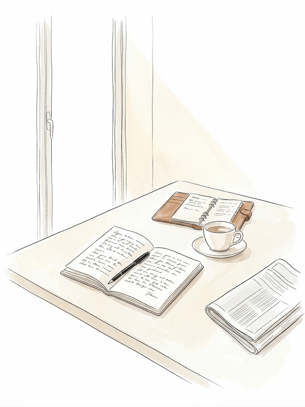 City table illustration: open notebook, coffee cup, leather agenda and newspaper in morning light — The Brief by The GentleWomen Club
