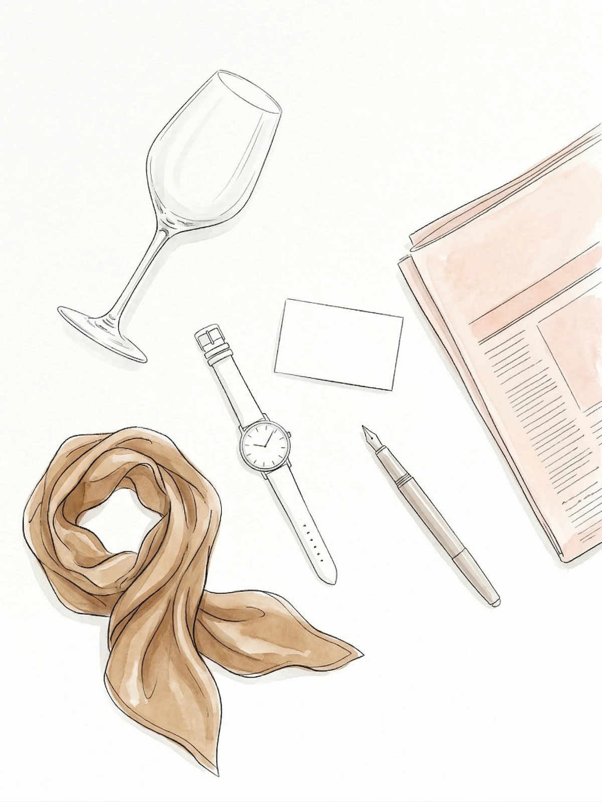 Flat lay illustration: wine glass, watch, business card, silk scarf and newspaper — The Brief by The GentleWomen Club