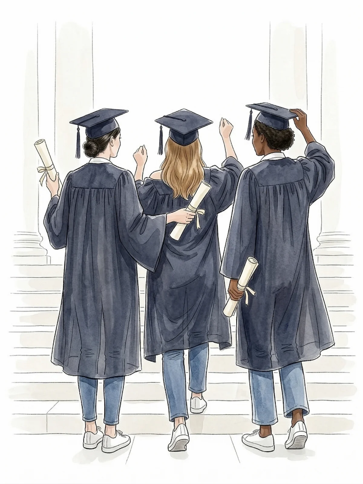 Three graduates from behind in jeans and sneakers, holding diplomas — The Brief by The GentleWomen Club