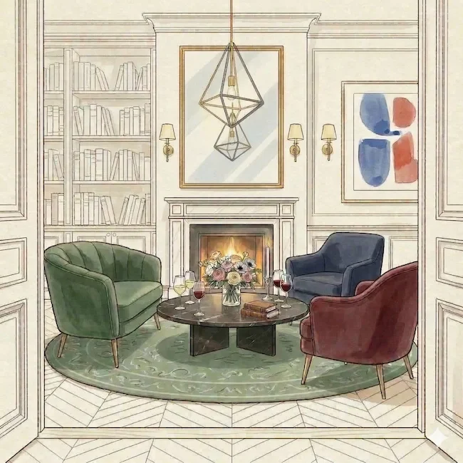 GWC ink and watercolor illustration of The Real Room — a private club setting rendered in fine ink lines on white paper
