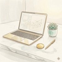 GWC watercolor illustration of a laptop displaying a network diagram, a gold coin, succulent plant and pen on a white desk — AI and digital assets