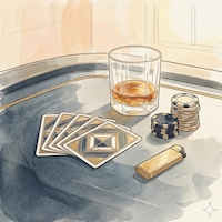 GWC watercolor illustration of a poker table with playing cards, casino chips, a whisky glass and lighter on a dark marble surface