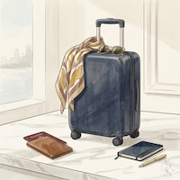 GWC watercolor illustration of a navy monogrammed suitcase with a folded travel blanket, passport and notebook on a marble floor — luxury travel essentials
