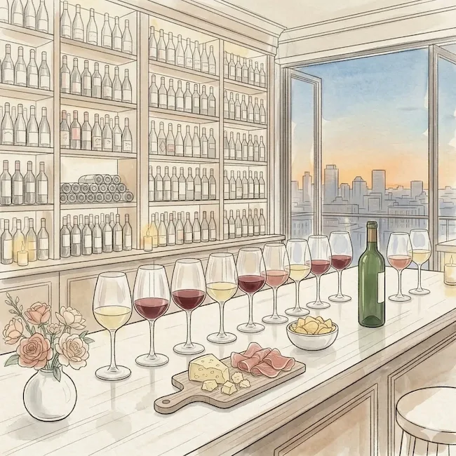 GWC ink and watercolor illustration of a GentleWomen Club afterwork — an intimate evening gathering scene