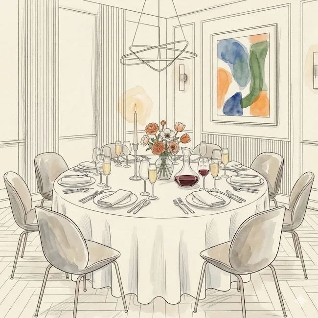 GWC ink and watercolor illustration of a GentleWomen Club themed dinner — an elegantly set table in a private dining setting