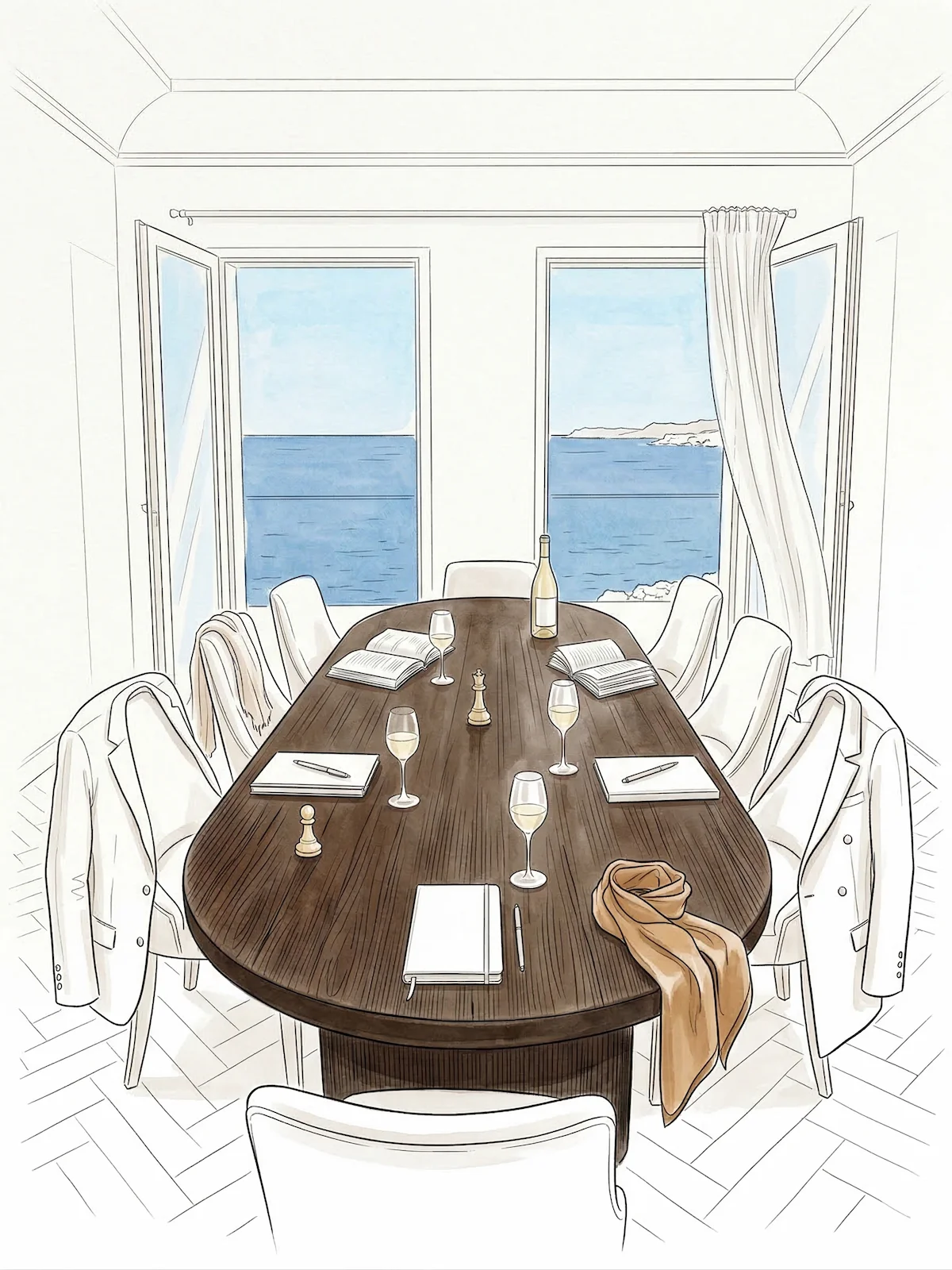 The Seminar — a private room overlooking the Mediterranean sea, dark wood oval table set for a GWC seminar with open books, wine glasses, notebooks and draped jackets