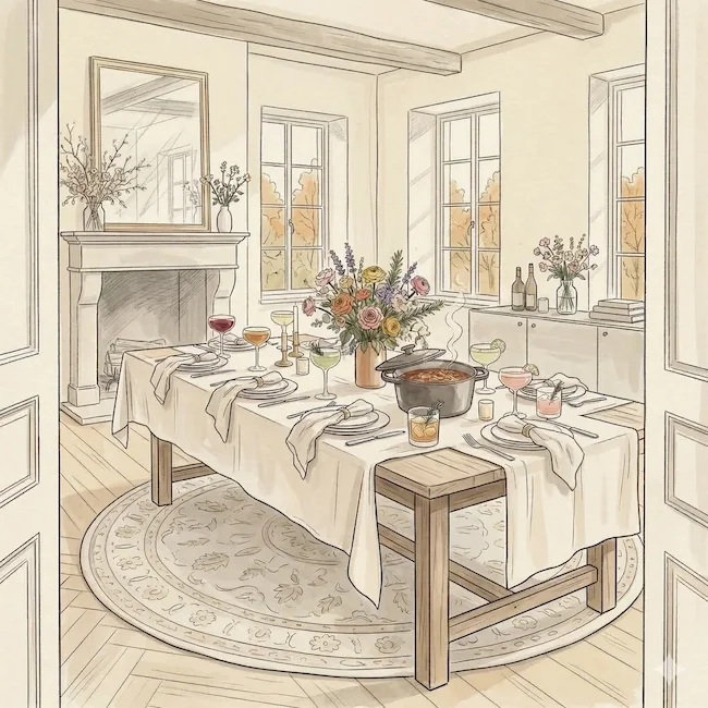 GWC ink and watercolor illustration of a GentleWomen Club weekend gathering — an immersive multi-day experience scene