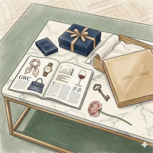 GWC ink and watercolor illustration of The Monthly Kit — curated physical materials delivered to club members