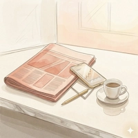 GWC watercolor illustration of the Financial Times, a notebook, pen, smartphone and espresso cup on a white surface — financial fluency