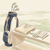 GWC watercolor illustration of a navy golf bag with clubs, folded cream sweater, glove, golf ball and scorecard on a bench against a green