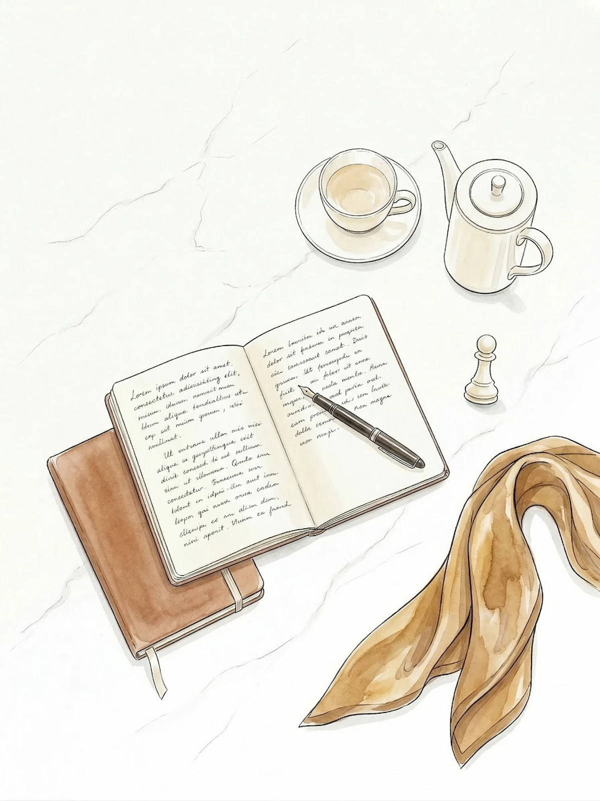 Flat lay of seminar materials on marble surface - open notebook with handwritten notes, leather notebook, tea set, fountain pen, chess pawn and silk scarf - The Seminar at The GentleWomen Club
