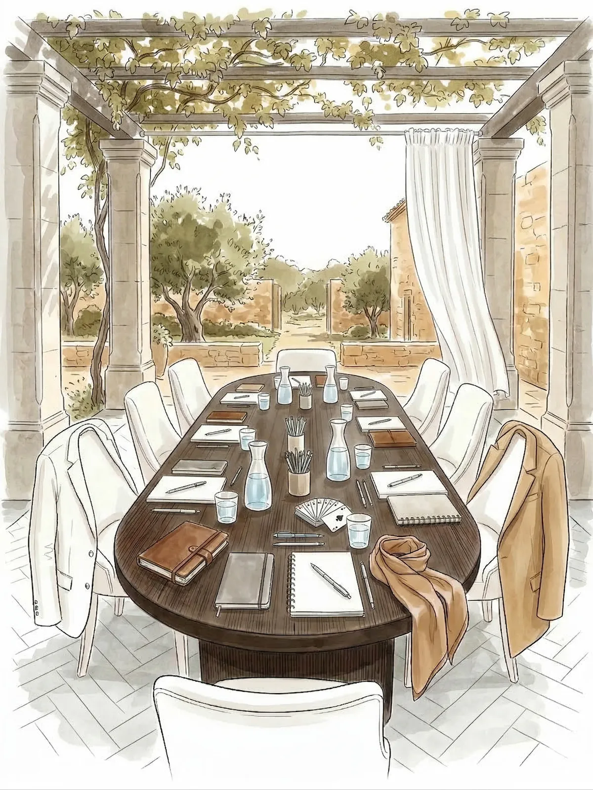 haded outdoor terrace with pergola and olive trees, oval dark wood table set for a group seminar with notebooks, water carafes, glasses, pens and playing cards - The Seminar at The GentleWomen Club
