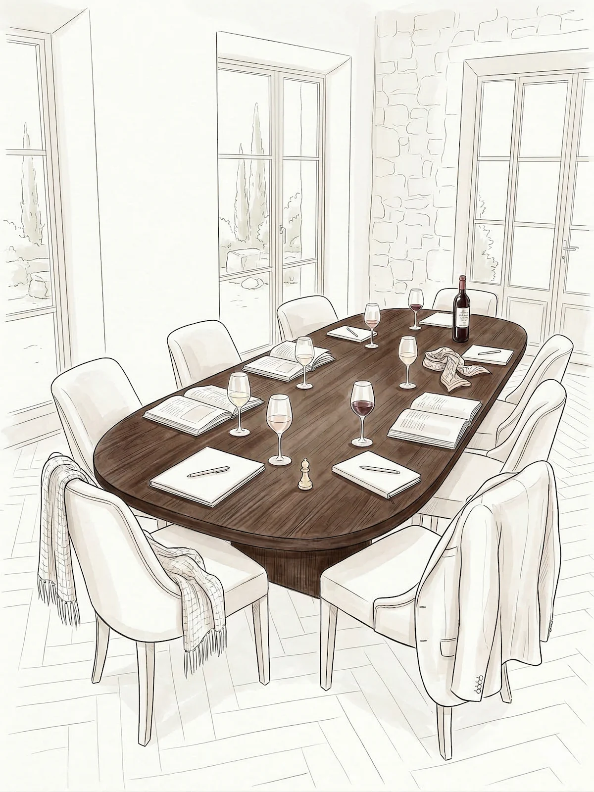 The Seminar by The GentleWomen Club — private seminar room with Mediterranean sea view, oval dark wood table set with open books, wine glasses and notebooks, chairs with draped jackets