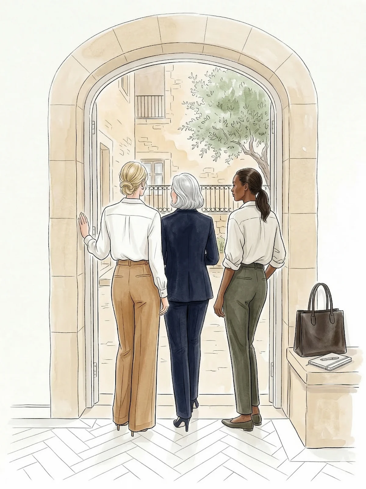 Three professional women from behind stepping out through an arched stone doorway into a sunlit Spanish courtyard - The Seminar at The GentleWomen Club