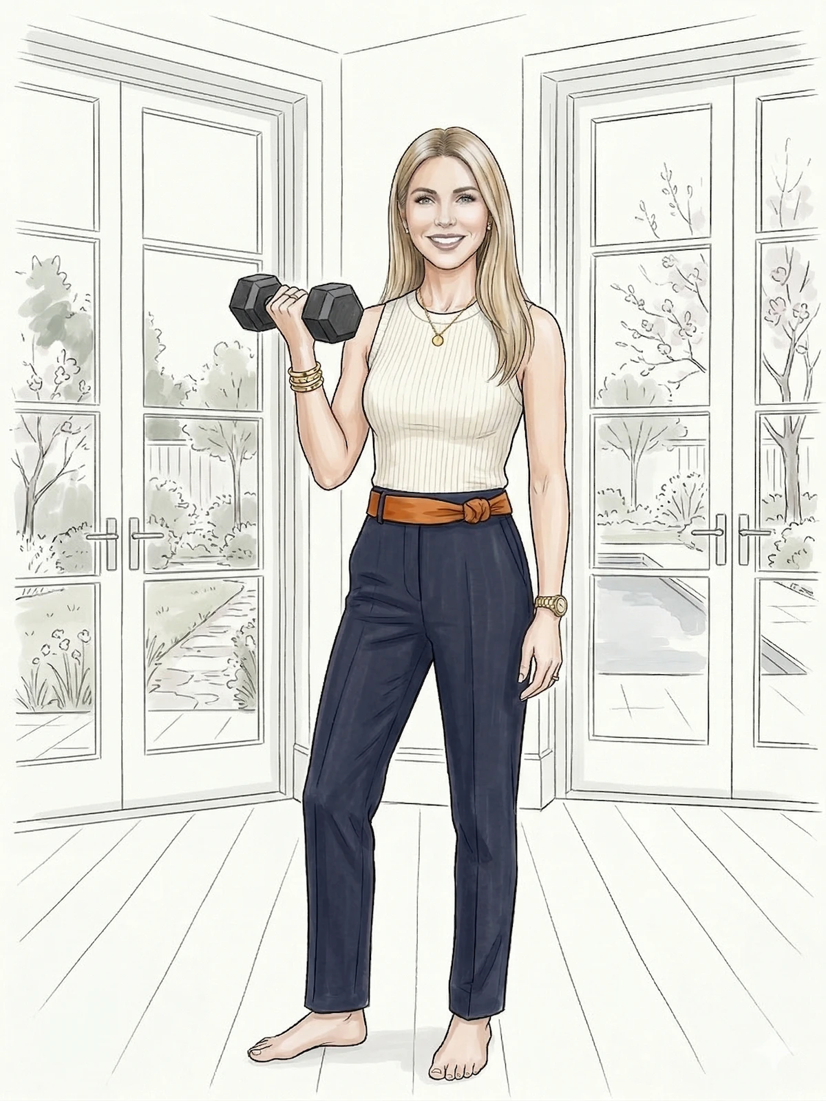 Illustrated woman holding a matte black dumbbell mid-curl, wearing a ribbed cream sleeveless top and navy tailored trousers, floor-to-ceiling windows with morning light and garden view behind her - The Health territory at The GentleWomen Club