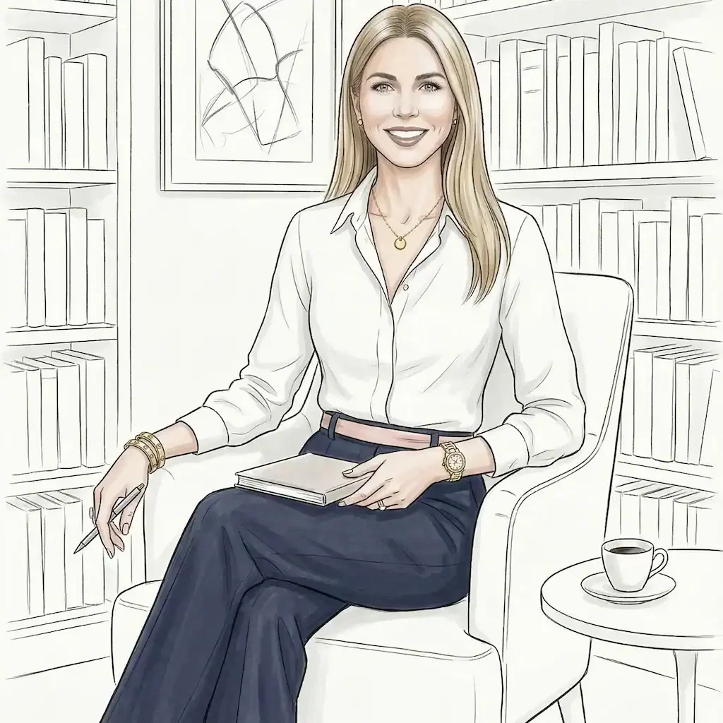 Illustrated portrait of B.B., founder of The GentleWomen Club, reading in an armchair - The GentleWomen Club