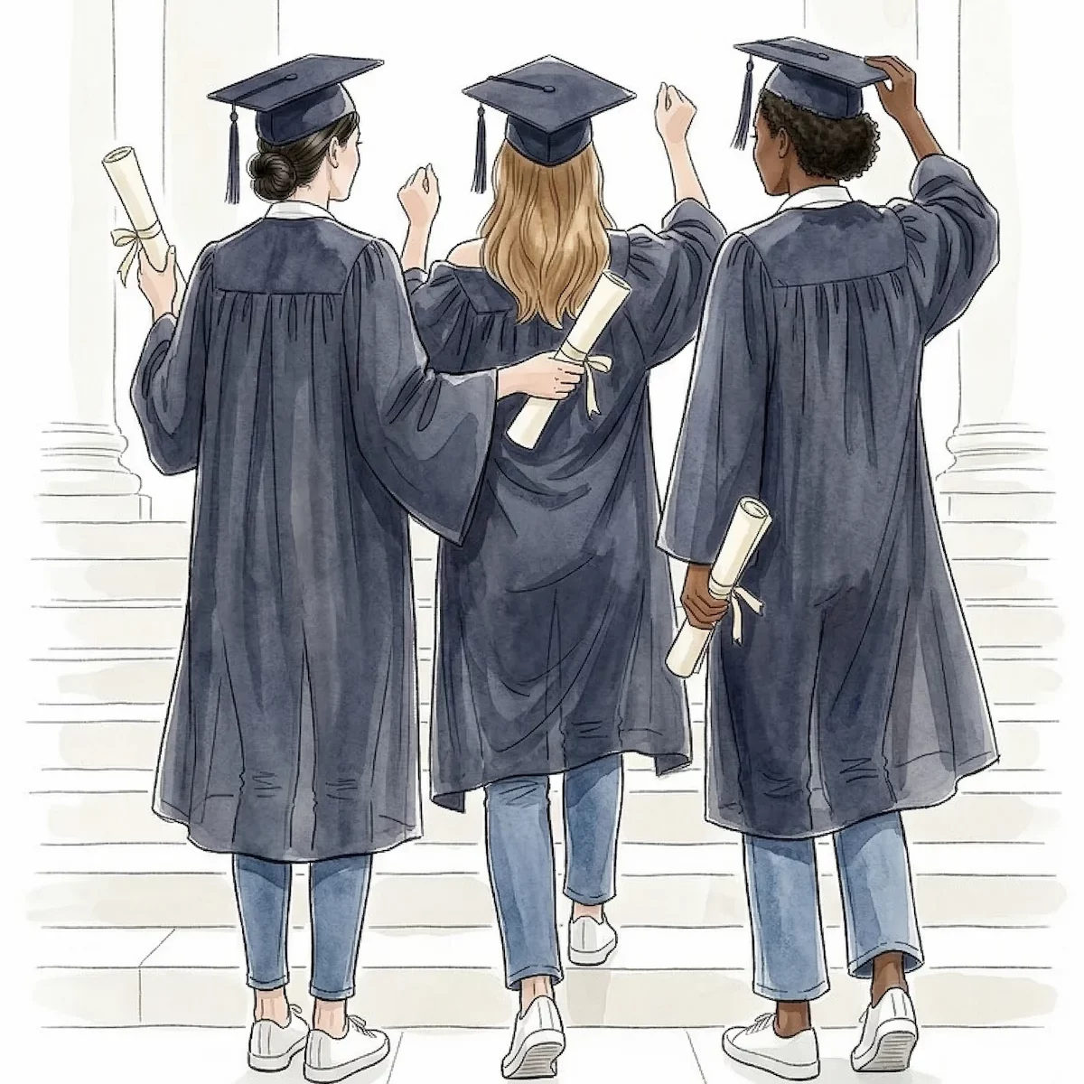 Three graduates from behind in jeans and sneakers, holding diplomas — The Brief by The GentleWomen Club