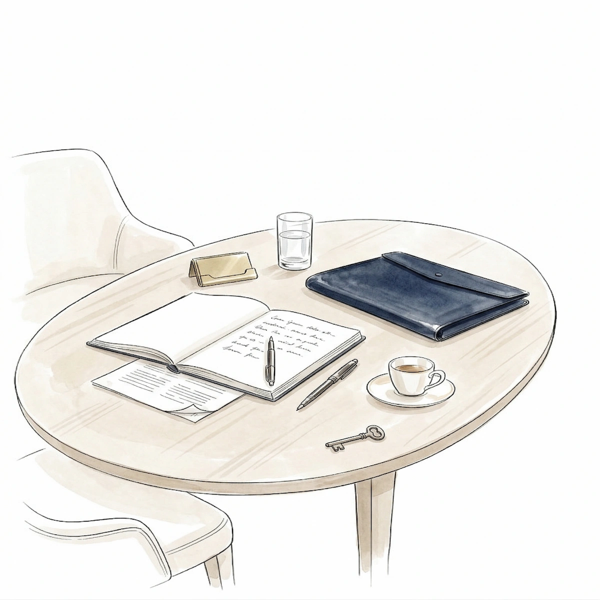 Illustration of a private working table with notebook, leather portfolio, coffee cup, glass of water, business card holder and key