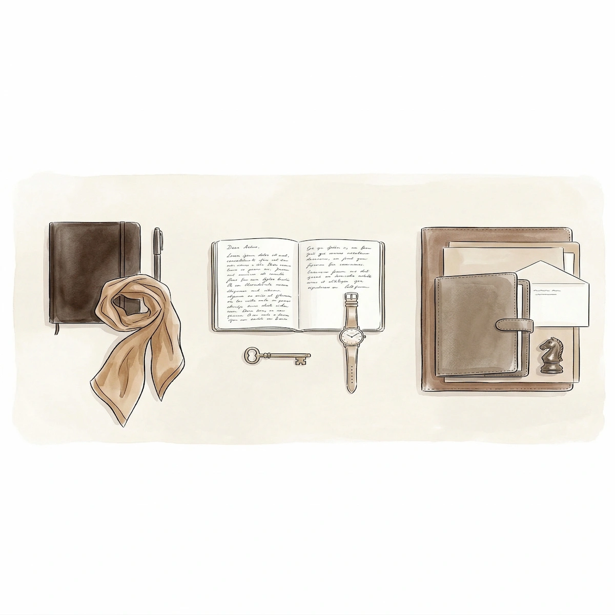 Flat lay illustration of three notebooks, a key, a watch, a silk scarf, a leather portfolio and a chess piece arranged in three groupings