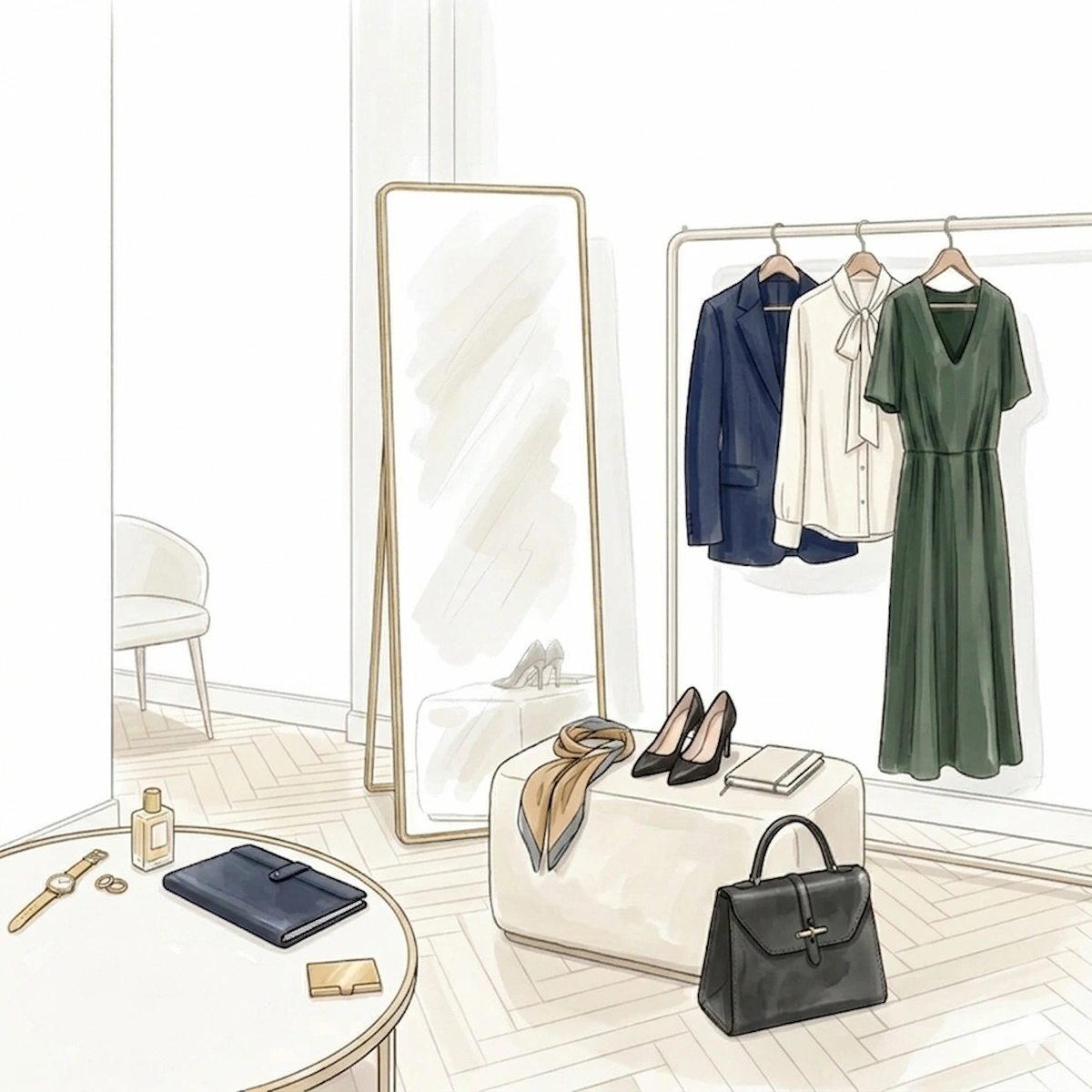 Illustration of a private dressing room with mirror, clothes rail, bench, handbag, watch and leather portfolio