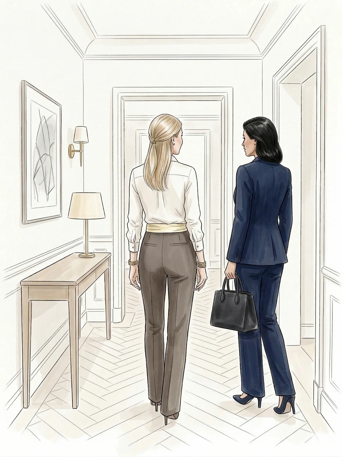 Illustration of two women seen from behind in an elegant private interior, one in a navy suit