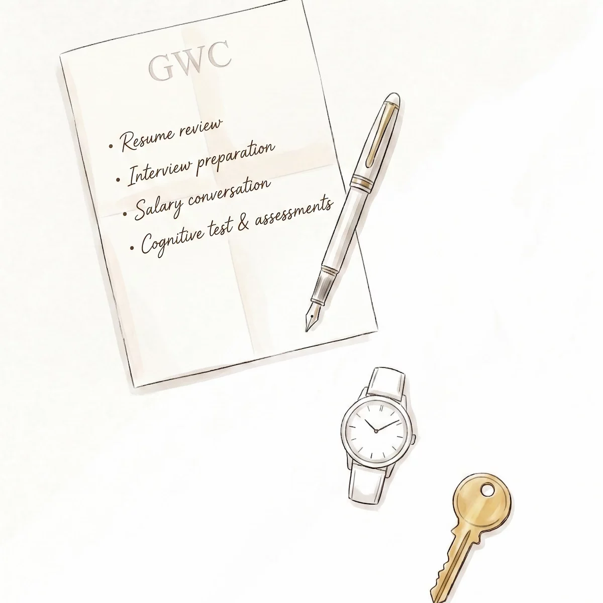 Editorial watercolor flat lay: notebook headed GWC listing interview preparation steps, fountain pen, watch and brass key. The Interview by The GentleWomen Club