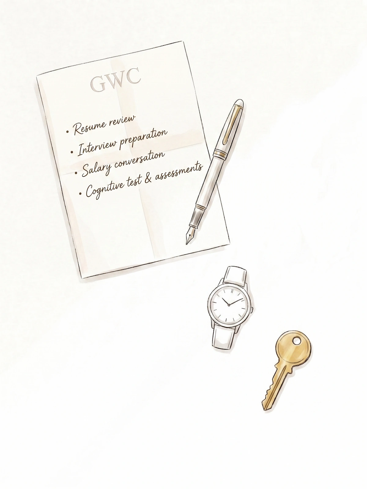 Editorial watercolor flat lay: notebook headed GWC listing interview preparation steps, fountain pen, watch and brass key. The Interview by The GentleWomen Club
