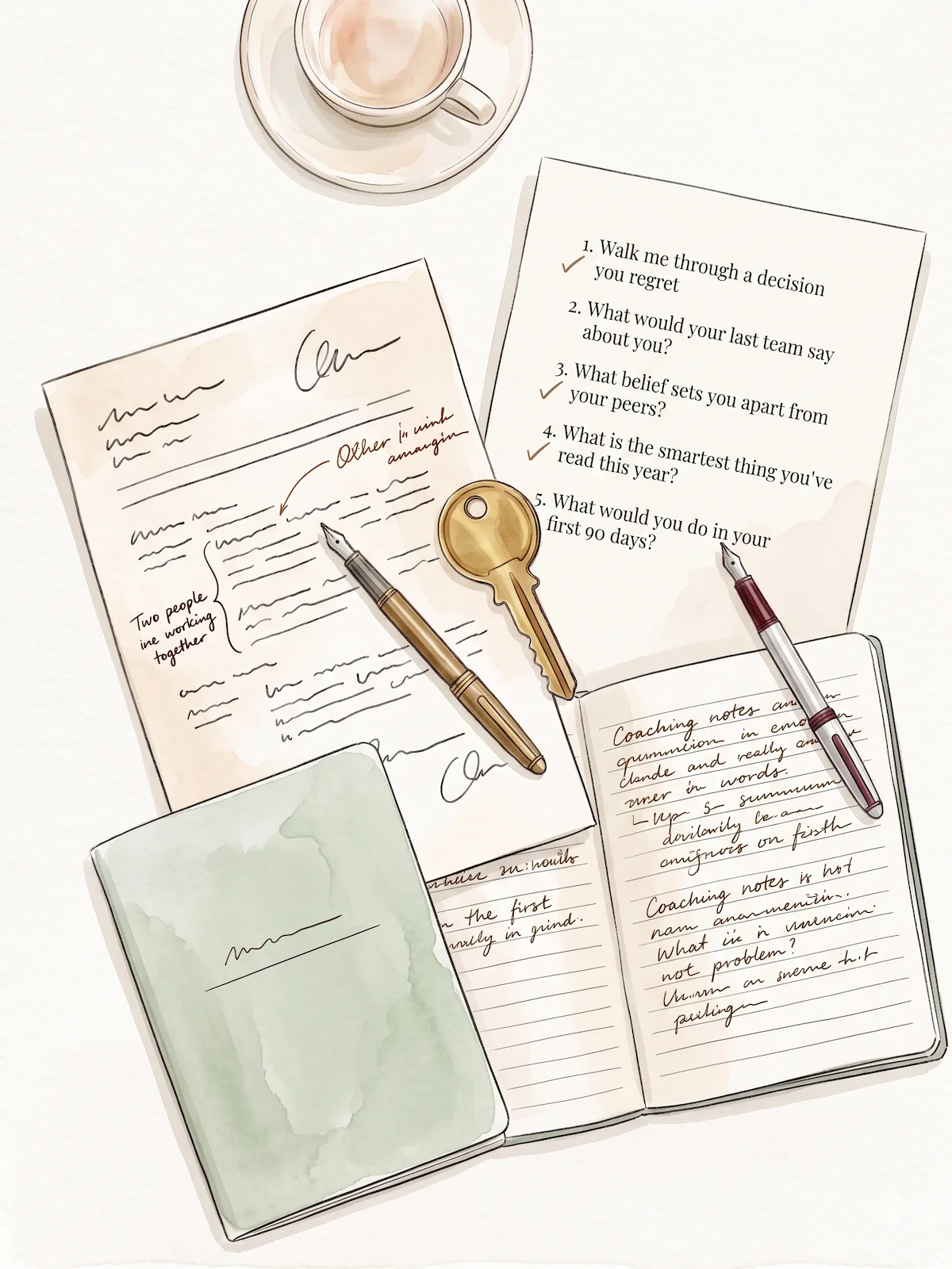 Editorial watercolor flat lay: annotated CV, five interview questions with checkmarks, open notebook, assessment booklet, two fountain pens, tea cup and brass key at centre. The Interview by The GentleWomen Club