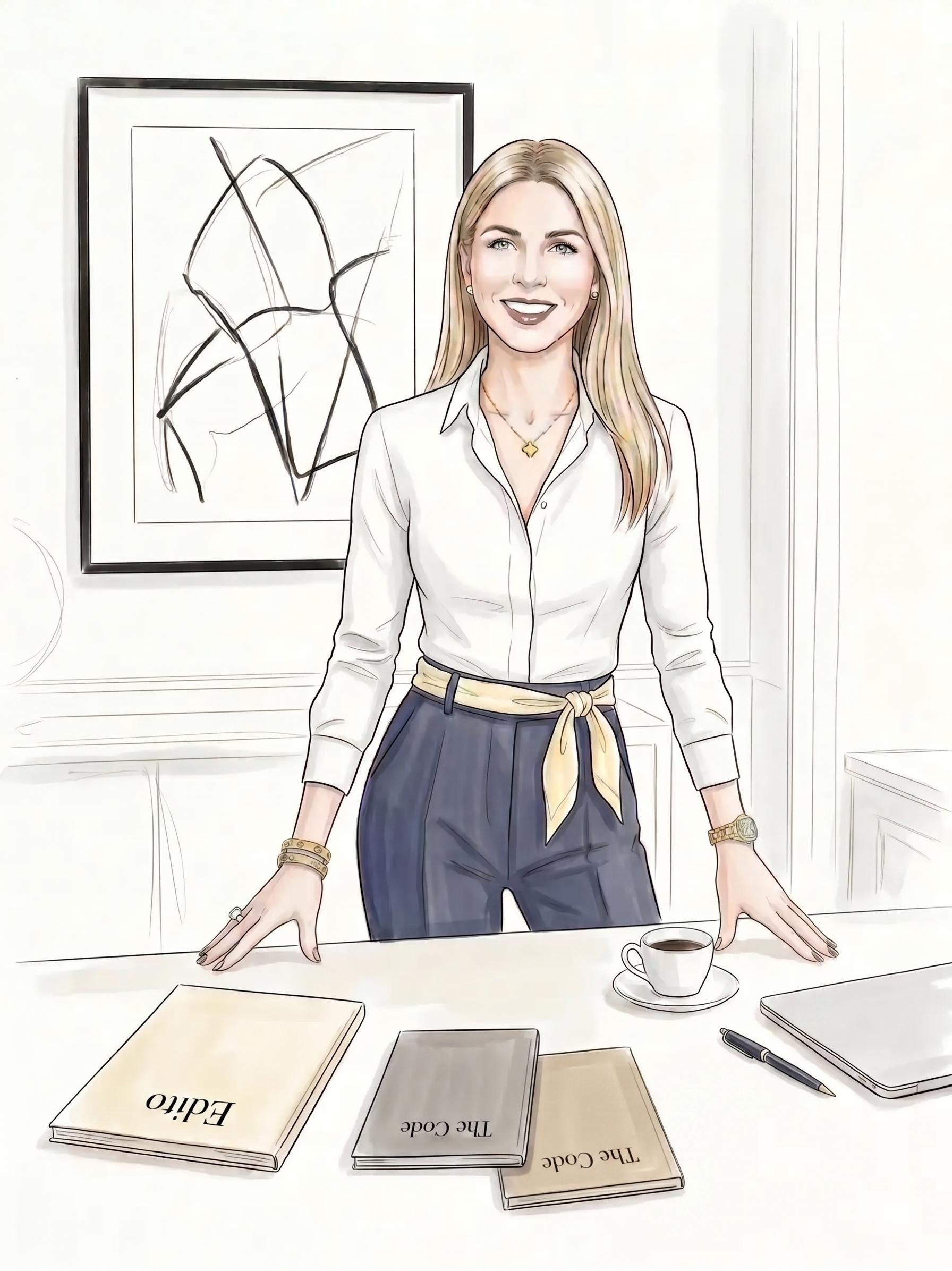 Illustrated portrait of B.B. at her desk, with one Edito and two Codes